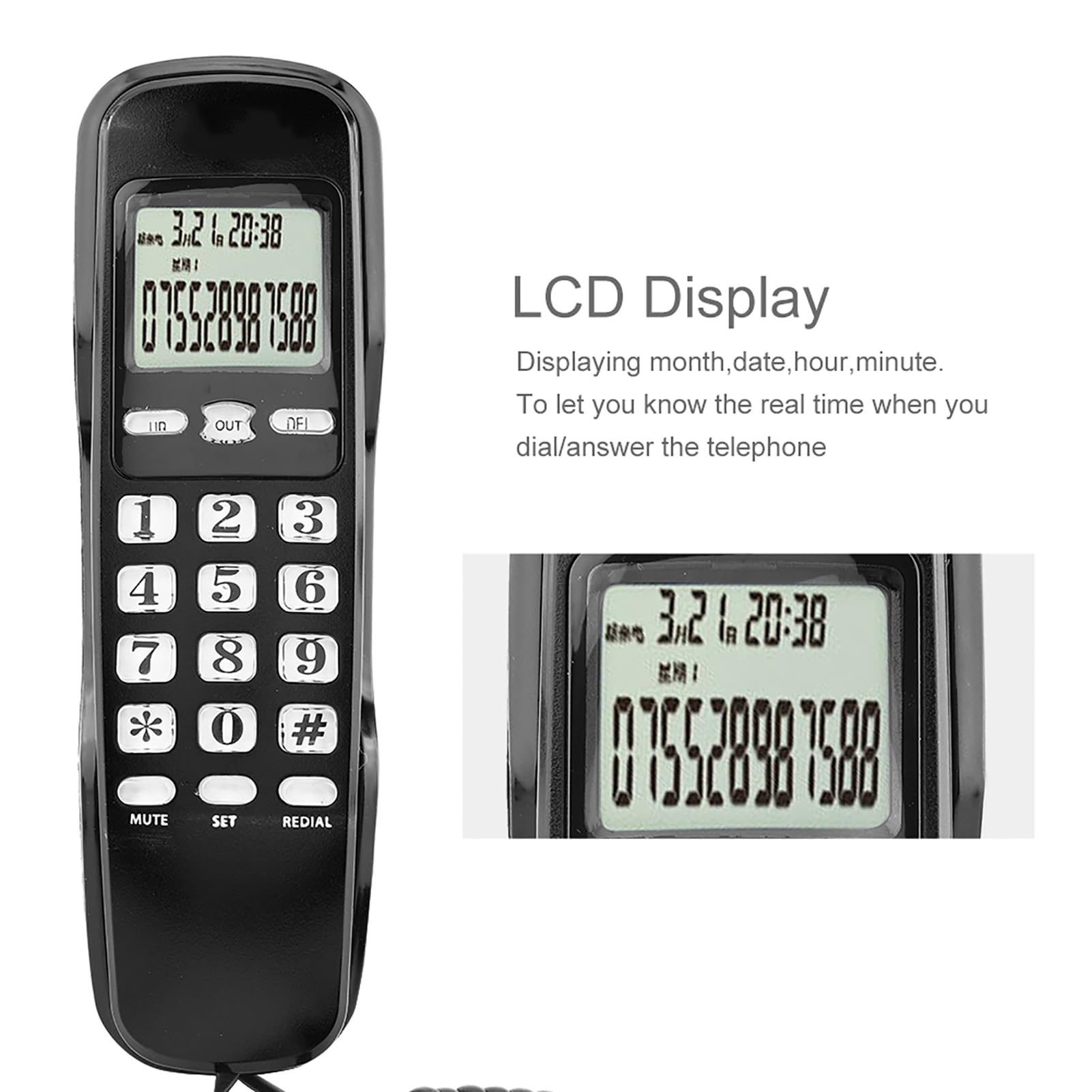 Generic Mini Telefono da Parete Multifunzione con ID Chiamante, 38 Memorie in Entrata, Display LCD per Comunicazioni in Ufficio Domestico (BLACK)
