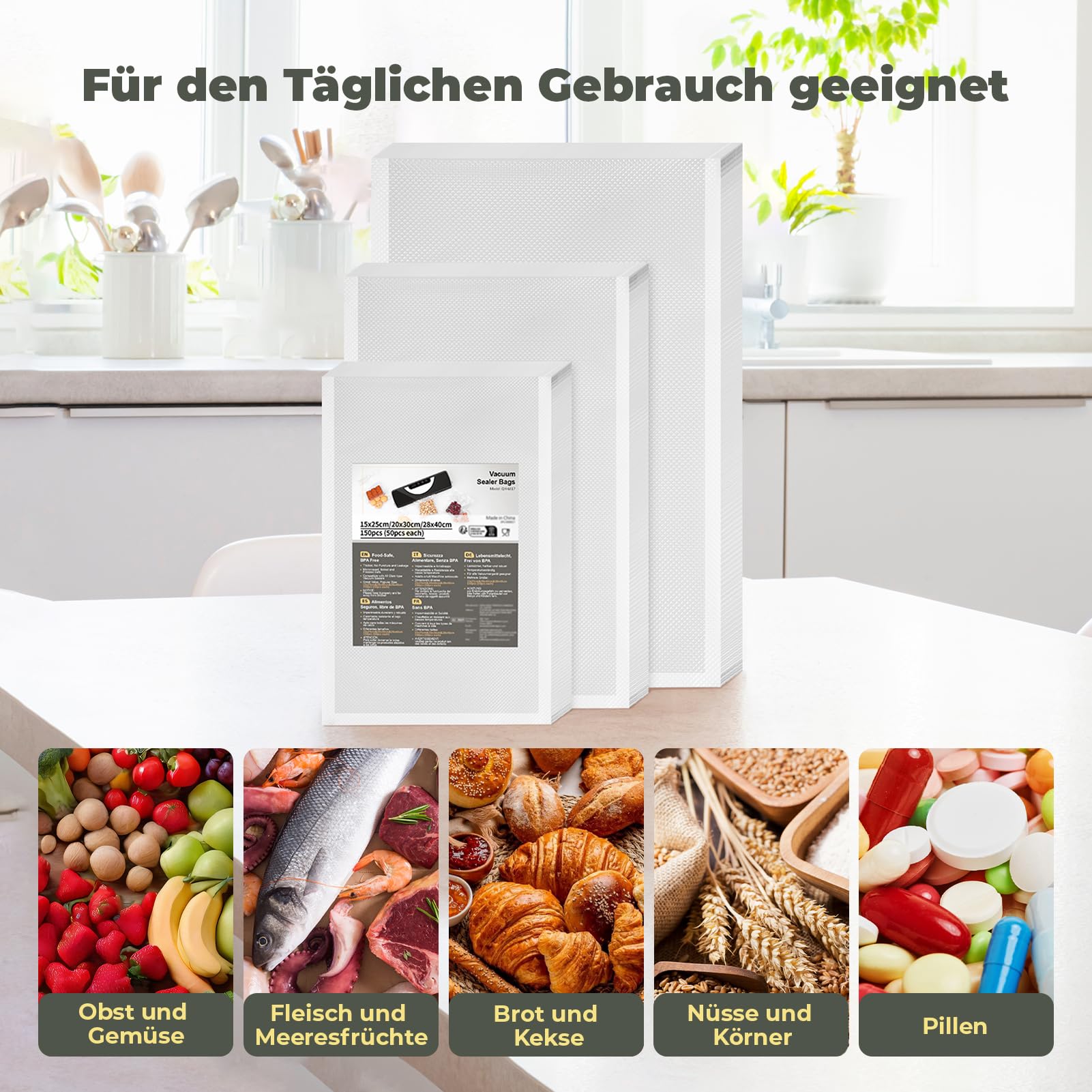 Vakuumierbeutel 150 Beutel, Profi Vakuumierfolie Vakuumbeutel 15x25cm/20x30cm/28x40cm für Vakuumierer & Lebensmittel Lagerung & Sous Vide Geeignet, Gefrierbeutel BPA-frei & Reißfest