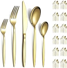 Evanda 60-Piece Gold Cutlery Set, Service for 12, Titanium Gold Plated, Knives, Forks, Spoons, Cutlery Set for Weddings and Parties