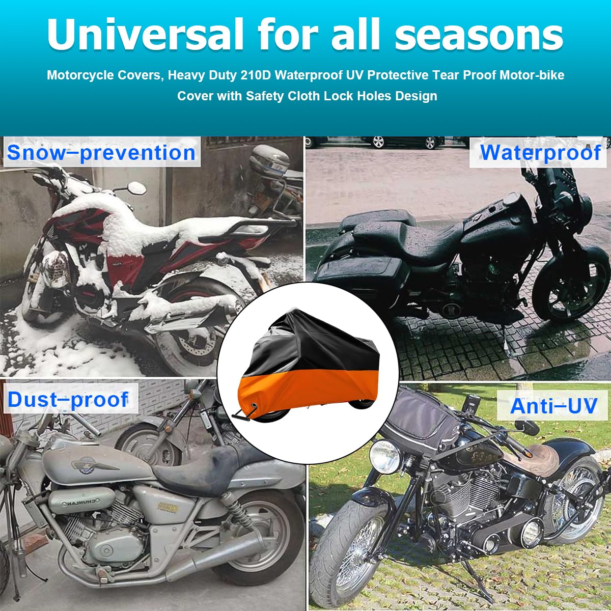 JNNJ Cubre Moto Impermeable, Cubierta Impermeable Universal De La Lona De Motocicleta, Motocicleta Anti-UV Cubierta del Polvo para Al Aire Libre, Cubierta Poliéster para Moto Scooter(Negro/Naranja)