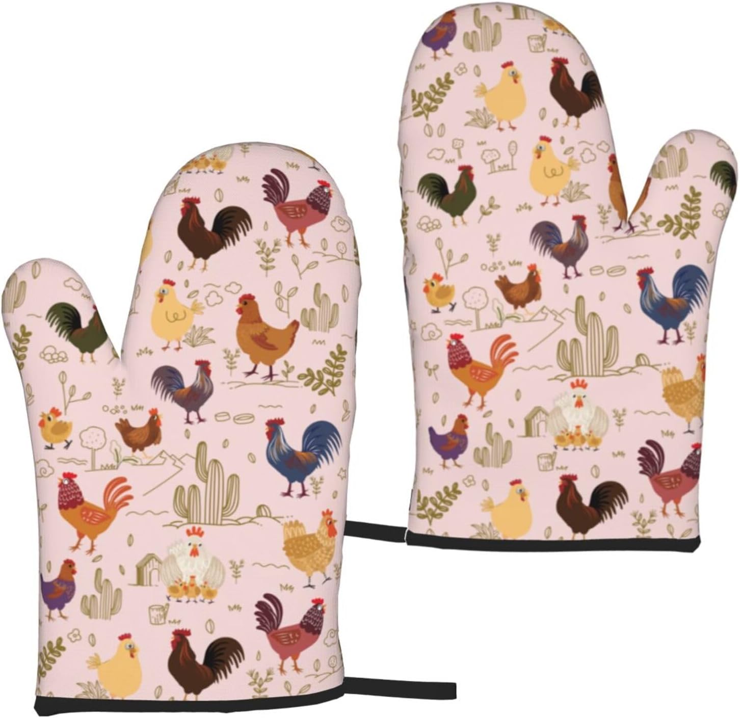 Chicken Pattern Oven Mitts of 2-Pack Set, Funny Kitchen Gloves Heat Resistant Non-Slip Kitchen Mitts Safe Cooking Baking Grilling - Image 2