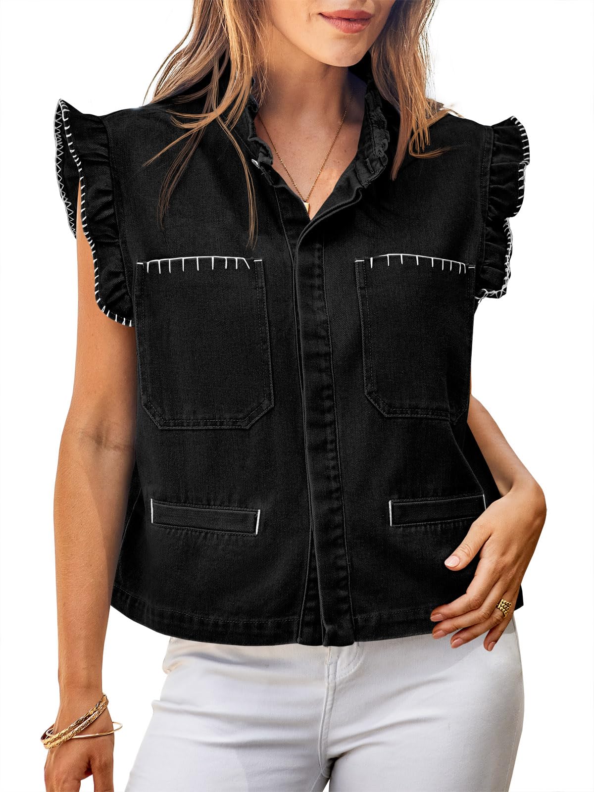 Tankaneo Womens Denim Vest Ruffle Sleeve Summer Causal Cropped Jean Vests Tops Sleeveless Jackets