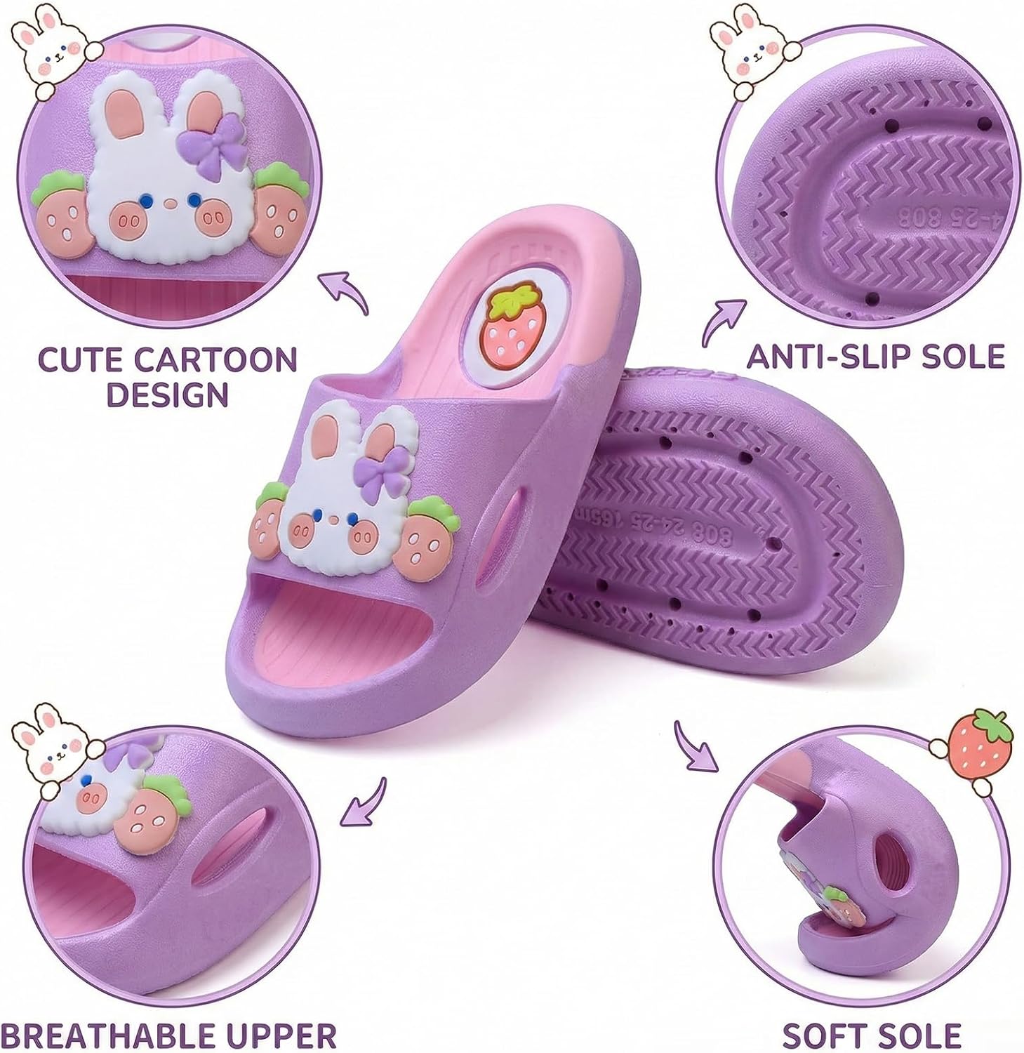 Kids Slides for Girls Boys - Toddler Bunny Slippers Quick Drying Shower Shoes Non-Slip Pool Sandals Shower Flip Flops - Image 4