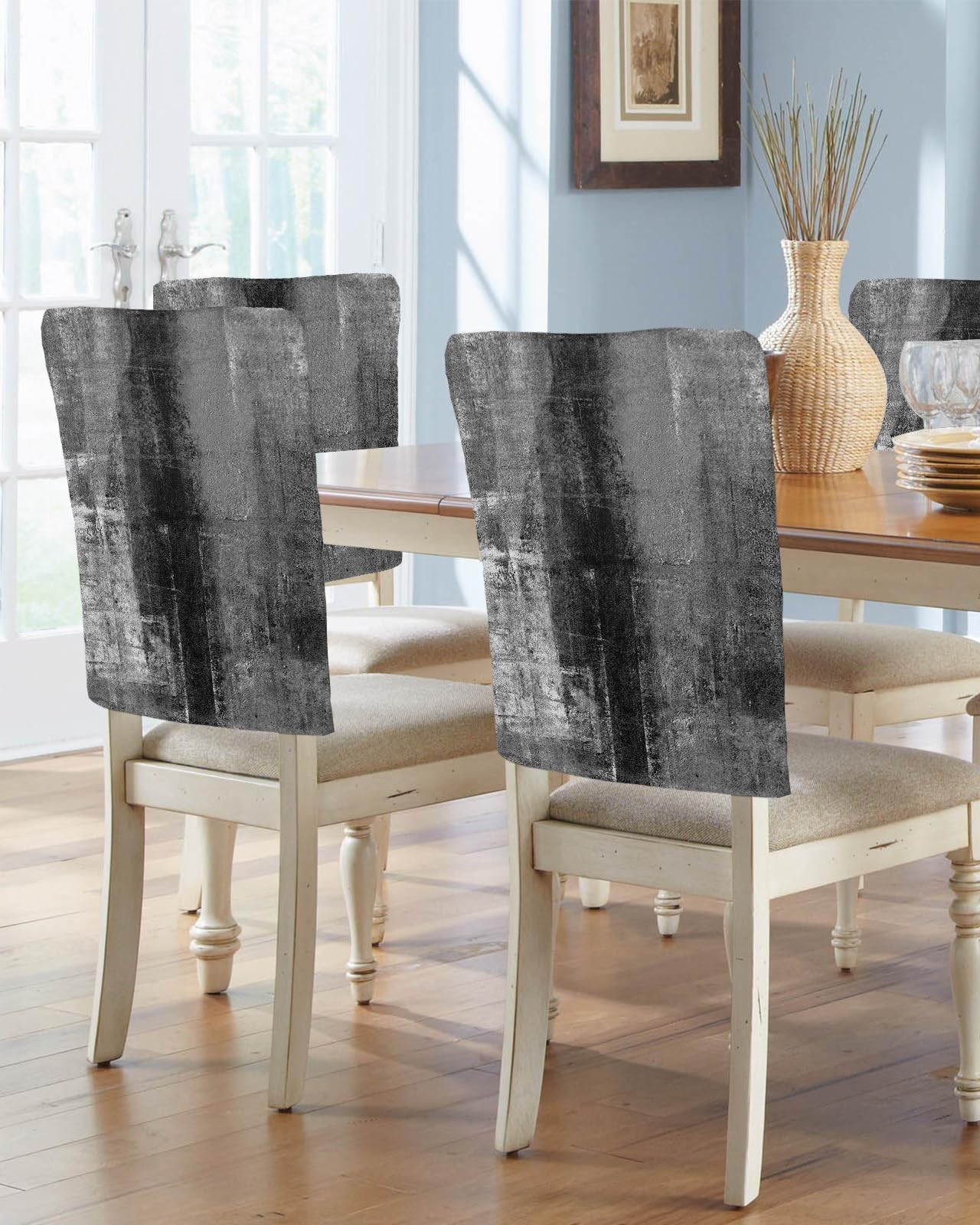 4 Packs Black Grey Painted Dining Chair Back Cover, Decorative Kitchen Dinner Chair Seat Covers Washable Chair Slip Covers,Slipcovers Protect for Dinning Room Abstract Contemporary Smear Graffiti Art