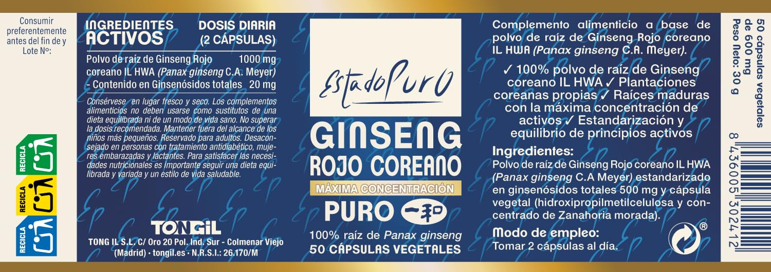Ginseng Rojo Coreano Puro 1000mg | Panax Ginseng Máxima Concentración en Ginsenósidos | Energía Mental Vitalidad | Adaptógeno Natural | 50 Cápsulas Veganas Estado Puro