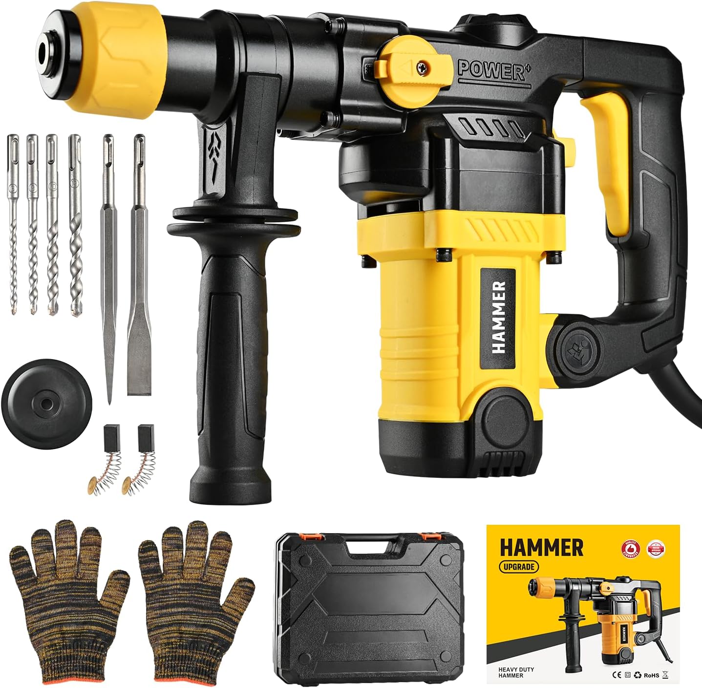 Heavy duty rotary hammer drill, safety clutch with three functions, equipped with vibration control, including grease, chisel, and drill bit with casing