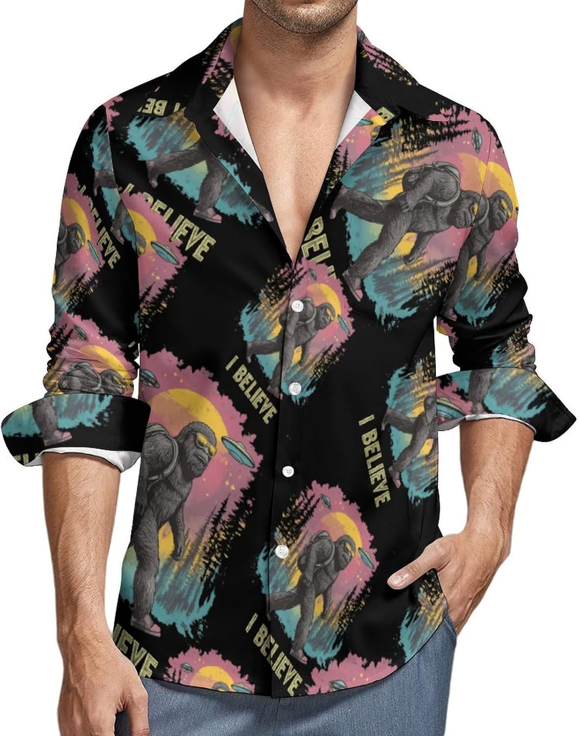 Believe Bigfoot Sasquatch Long Sleeve Shirts Casual Dress Shirt Button-down T-shirts for Men