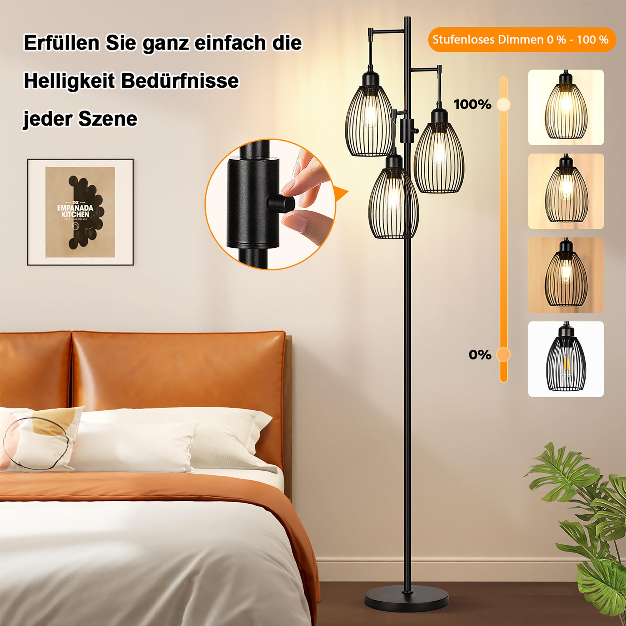 Nintiue Stehlampe Wohnzimmer Dimmbare, mit 3 x 800 LM LED-Glühbirnen, Industrie Bogenlampe stehleuchte mit Elegante tropfenförmige Käfig-Hochlampen für Wohnzimmer und Schlafzimmer