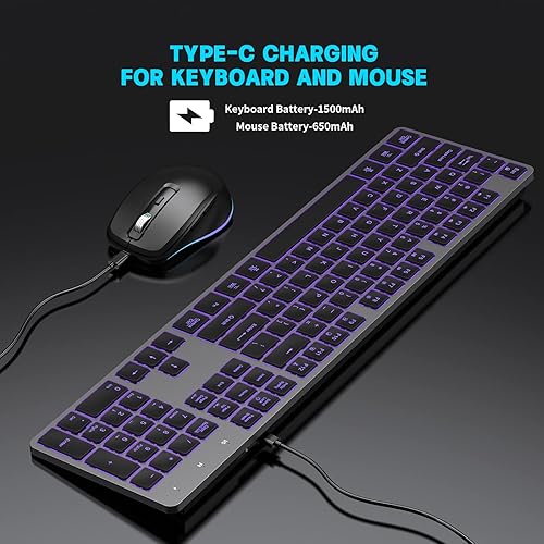 Miniatura 4 de Teclado y mouse inalámbricos, combo de teclado inalámbrico recargable, Jiggle Mouse delgado, tamaño completo, silencioso, 7 colores, retroiluminado,