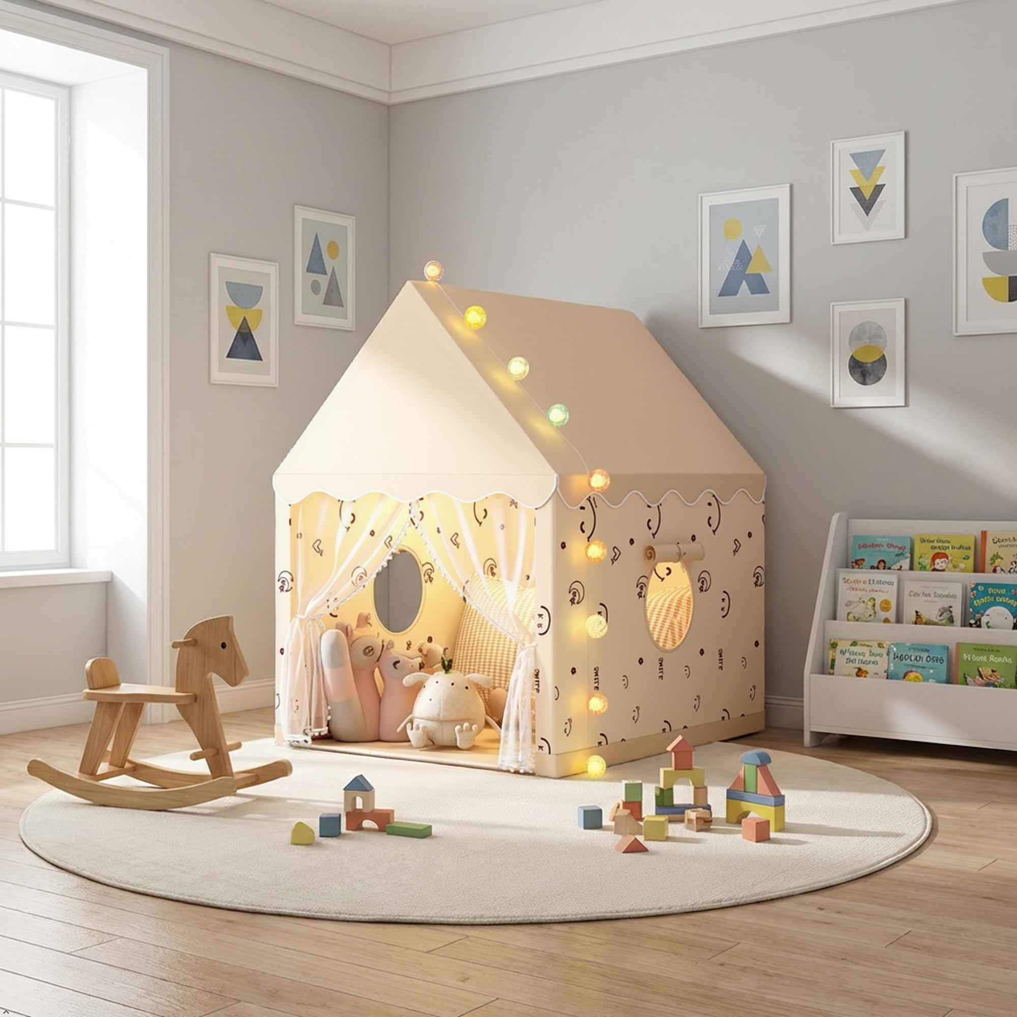 Tenda da gioco per bambini, Design della casa con tende, Casetta per bambini da interni per giocare, dormire e riposare, Beige