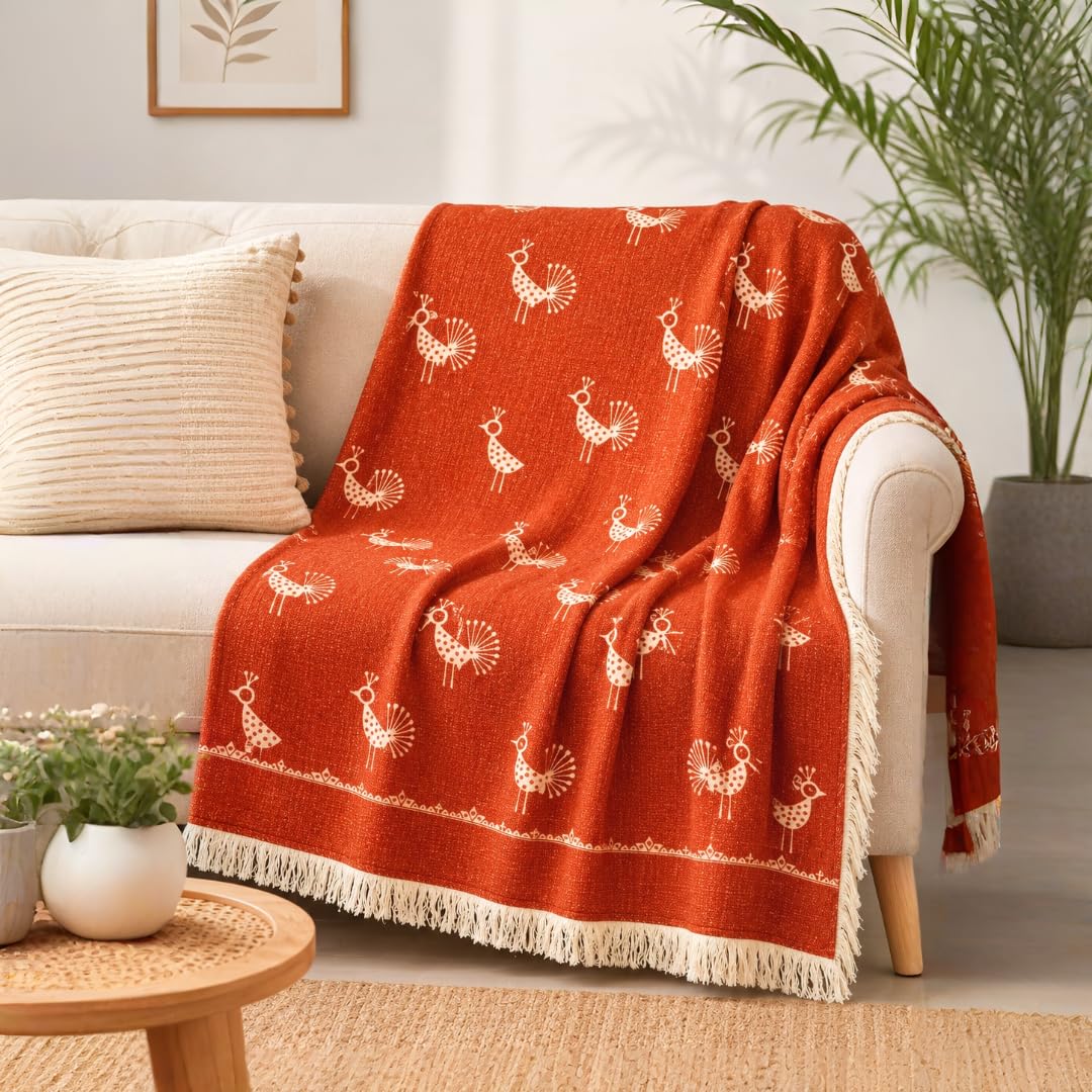 Rajasthani Mandana Throw Blanket - Sacred Geometry Crow & Poppy Print, Hand-Block Cotton Bedspread/Sofa Cover - 50x60 inch, Bohemian Indian Wall Tapestry-image-45