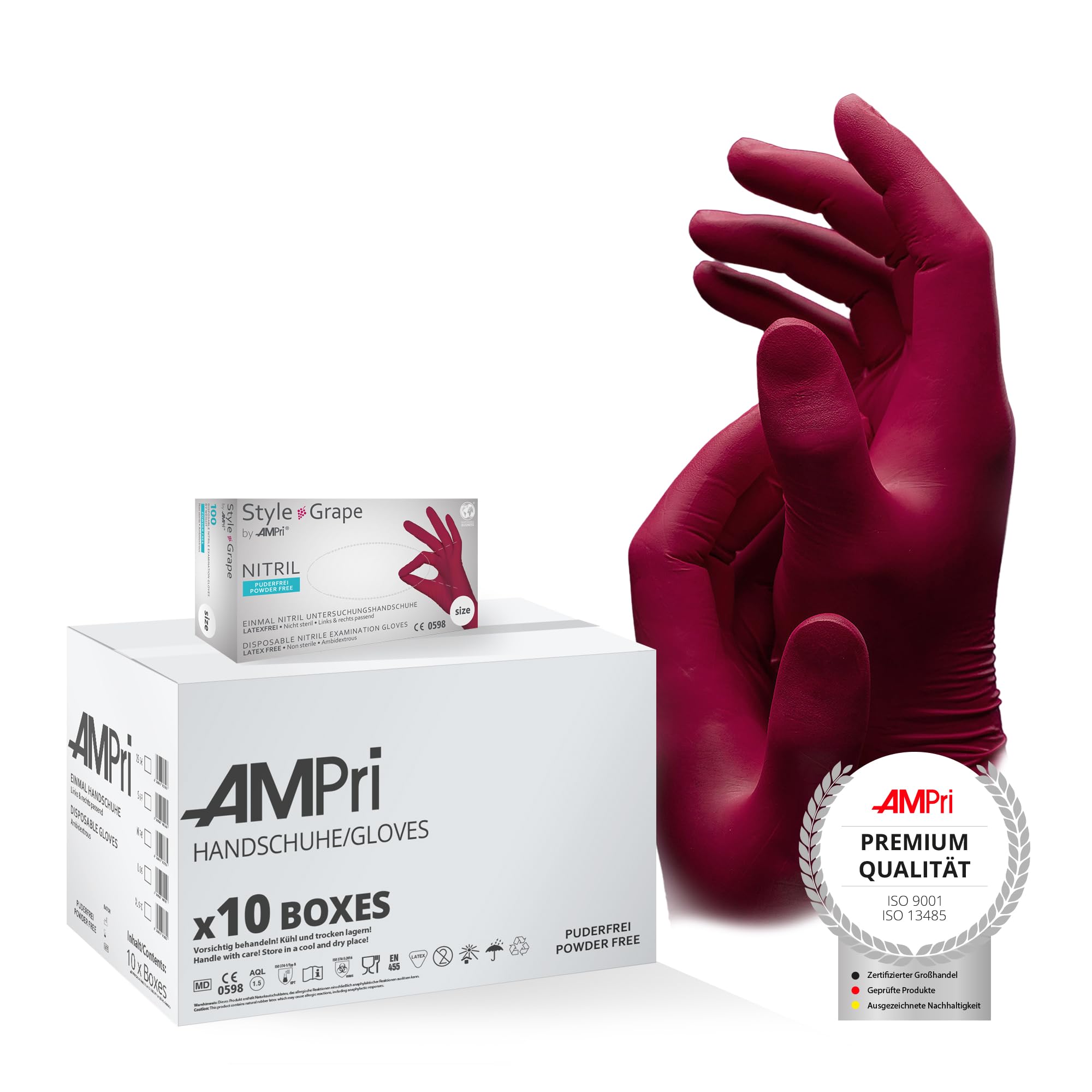 AMPri Guanti in nitrile, bordeaux, rosso, 10 scatole da 100 pezzi, taglia XS, senza polvere, Style Grape by Med-CComfort: guanti monouso in nitrile nelle taglie XS, S, M, L, XL