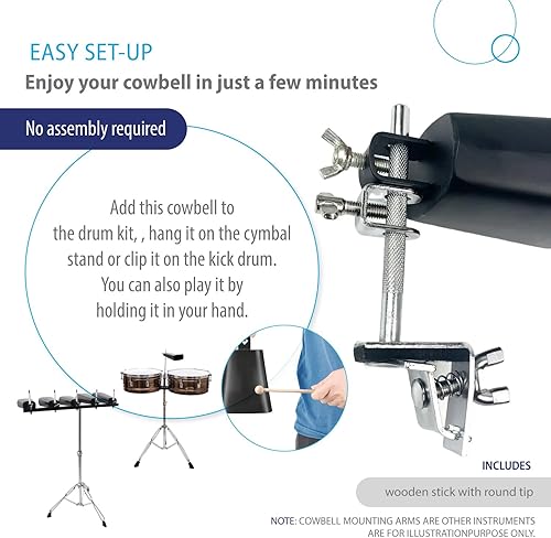 Miniatura 8 de Instrumento musical de campana de vaca de 4 pulgadas. Cencerro de acero metálico con palo. Cencerro de percusión manual para juegos de fútbol,