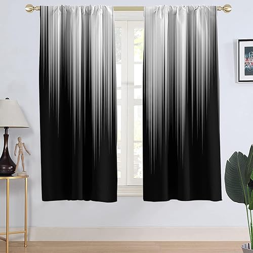 AAtter Cortina de ventana negra y gris para ventana, color blanco, gris, plateado, degradado, abstracto, a rayas, para hombre, gótico, moderno,