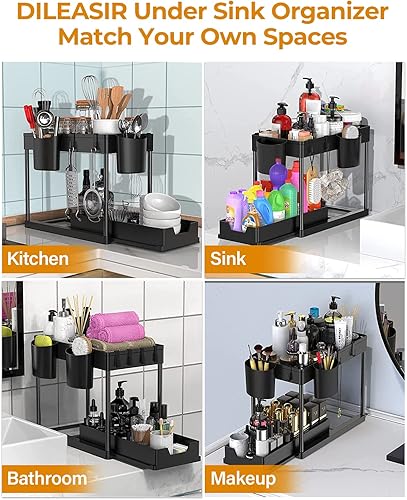Miniatura 8 de Paquete de 2 organizadores para debajo del fregadero y almacenamiento de baño, organizador de 2 niveles para debajo del fregadero Kicthen con