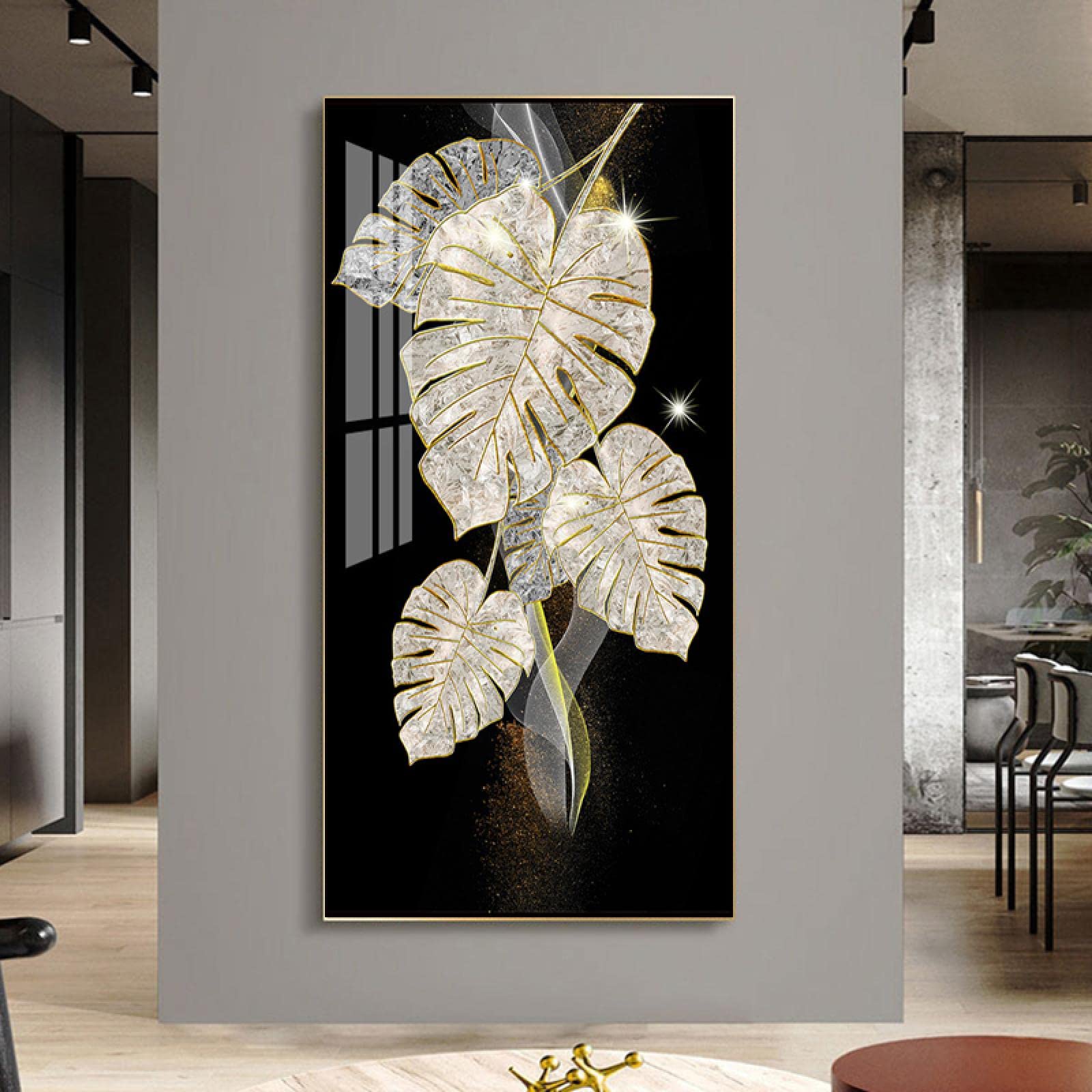Póster enmarcado Mariposa de oro negro Hojas de ginkgo Cuadro sobre lienzo para pared con marco Imagen de planta de acuarela nórdica grande 40x80cm / (16x31inch) con marco