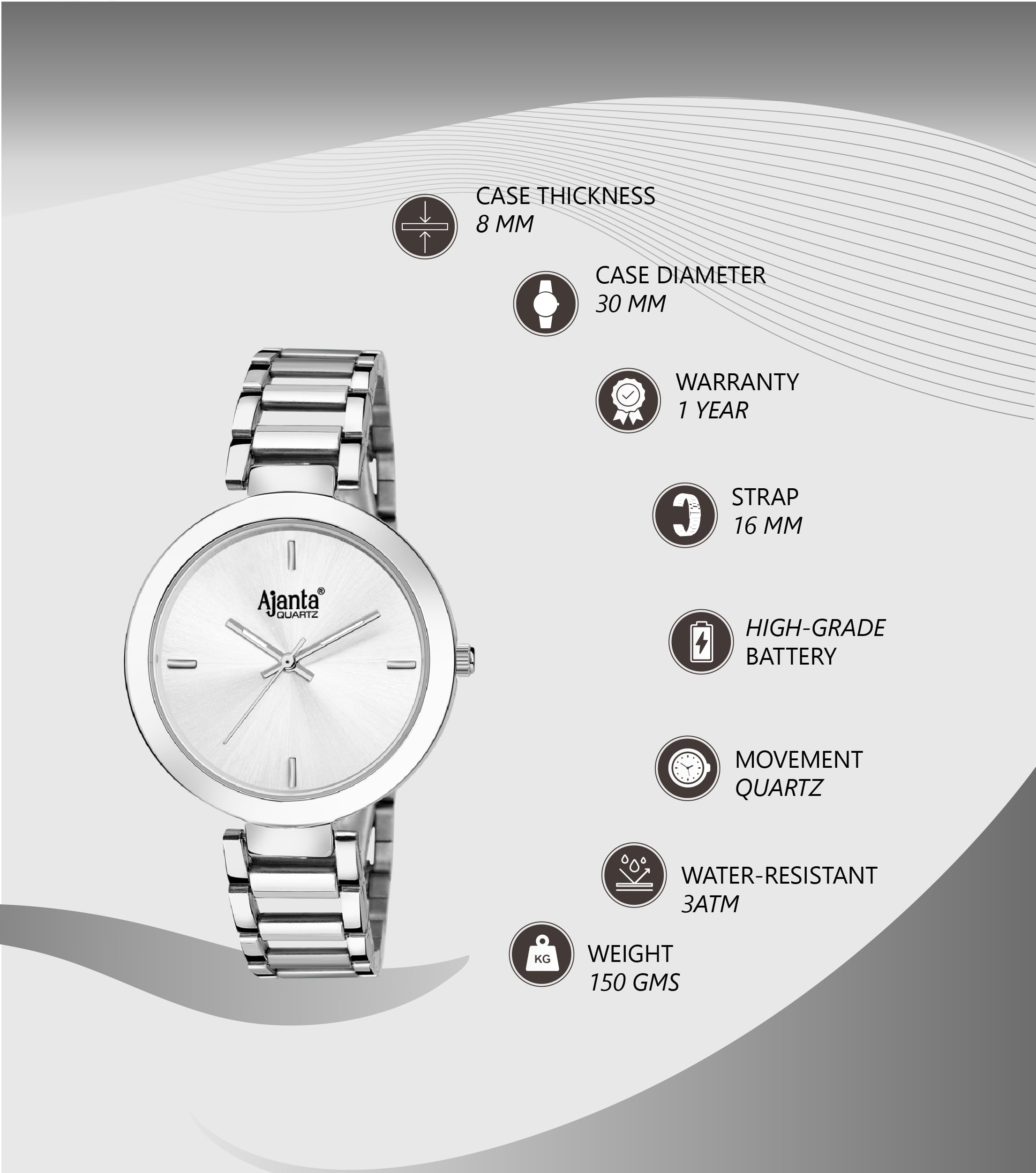 Ajanta Quartz Orologio analogico da donna casual, AWC043MSL, argento, Orologi al quarzo
