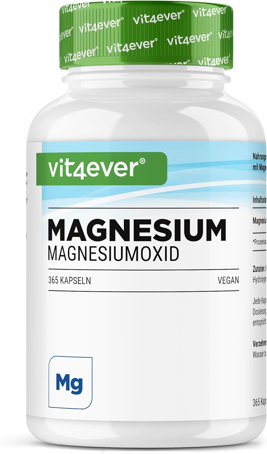High dose magnesium – 365 capsules (annual reserve) – 667 mg of which 400 mg of elemental magnesium per daily dose based on magnesium oxide – without unnecessary additives