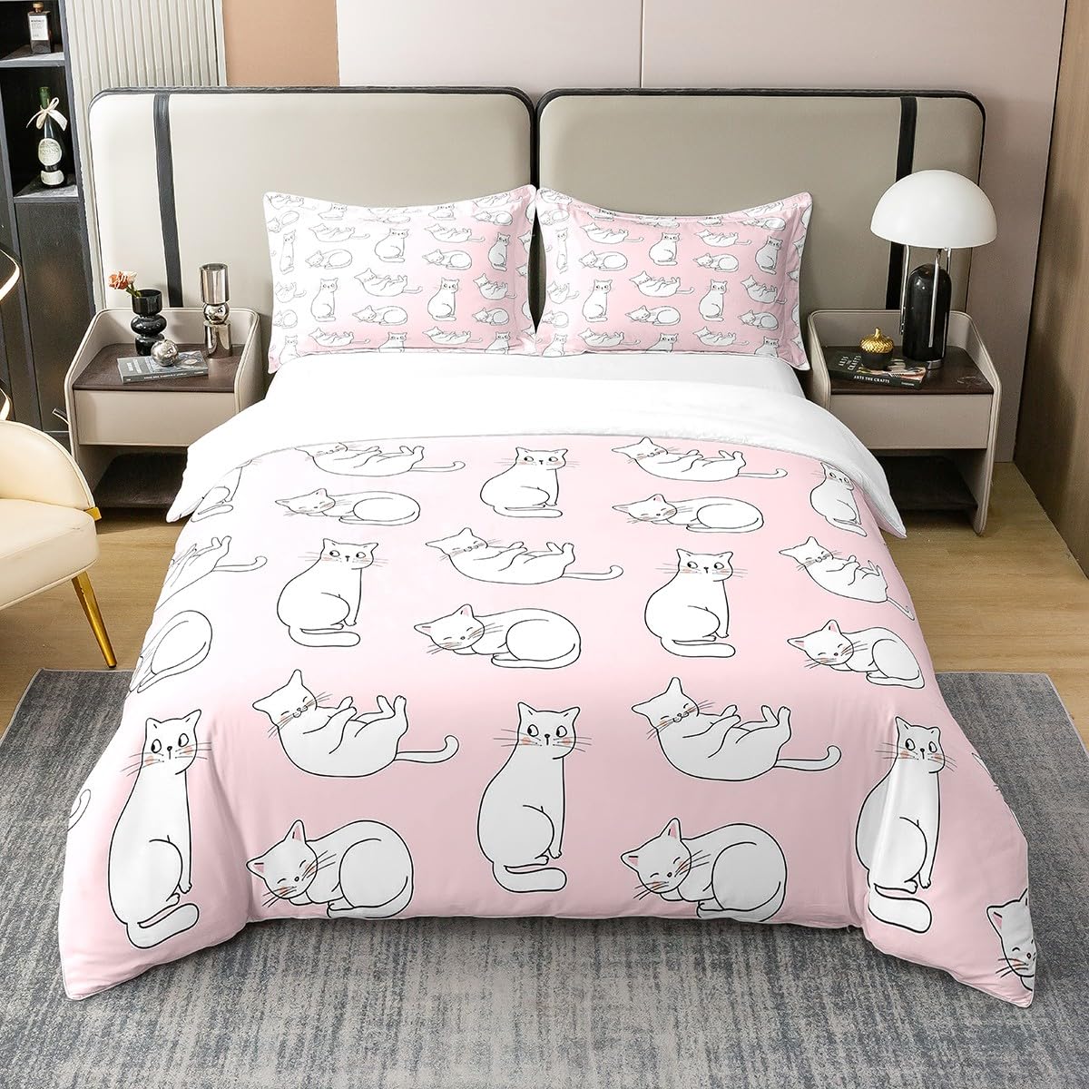 Parure de lit chat coton réversible rose blanc lit simple
