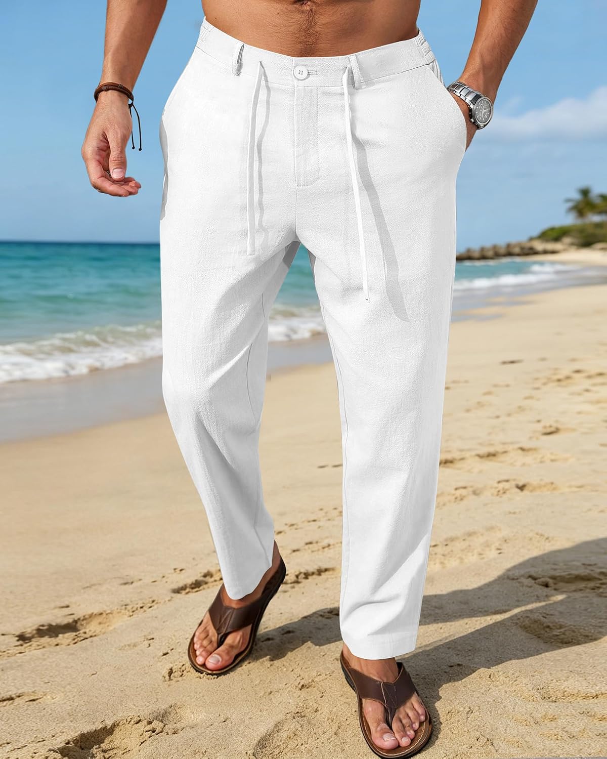 Mens Linen Pants Casual Linen Dress Pants Drawstring Summer Beach Lightweight Trousers with 4 Pockets
