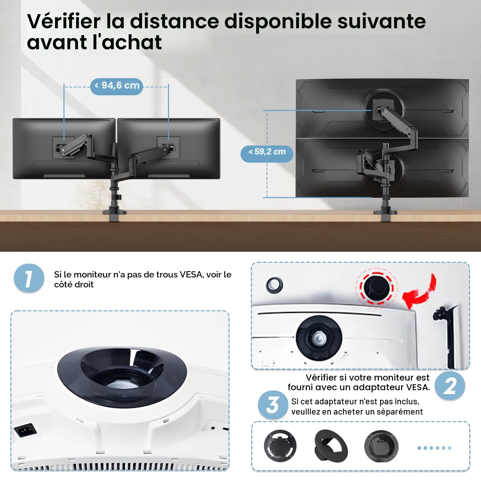 PUTORSEN Support Écran PC 2 Écran pour 17 à 49 Pouces, Ressort à Gaz Réglable en Hauteur Bras Double avec Incline Pivote et Tourne, Capacité de Charge 2-20kg, VESA 75 et 100mm