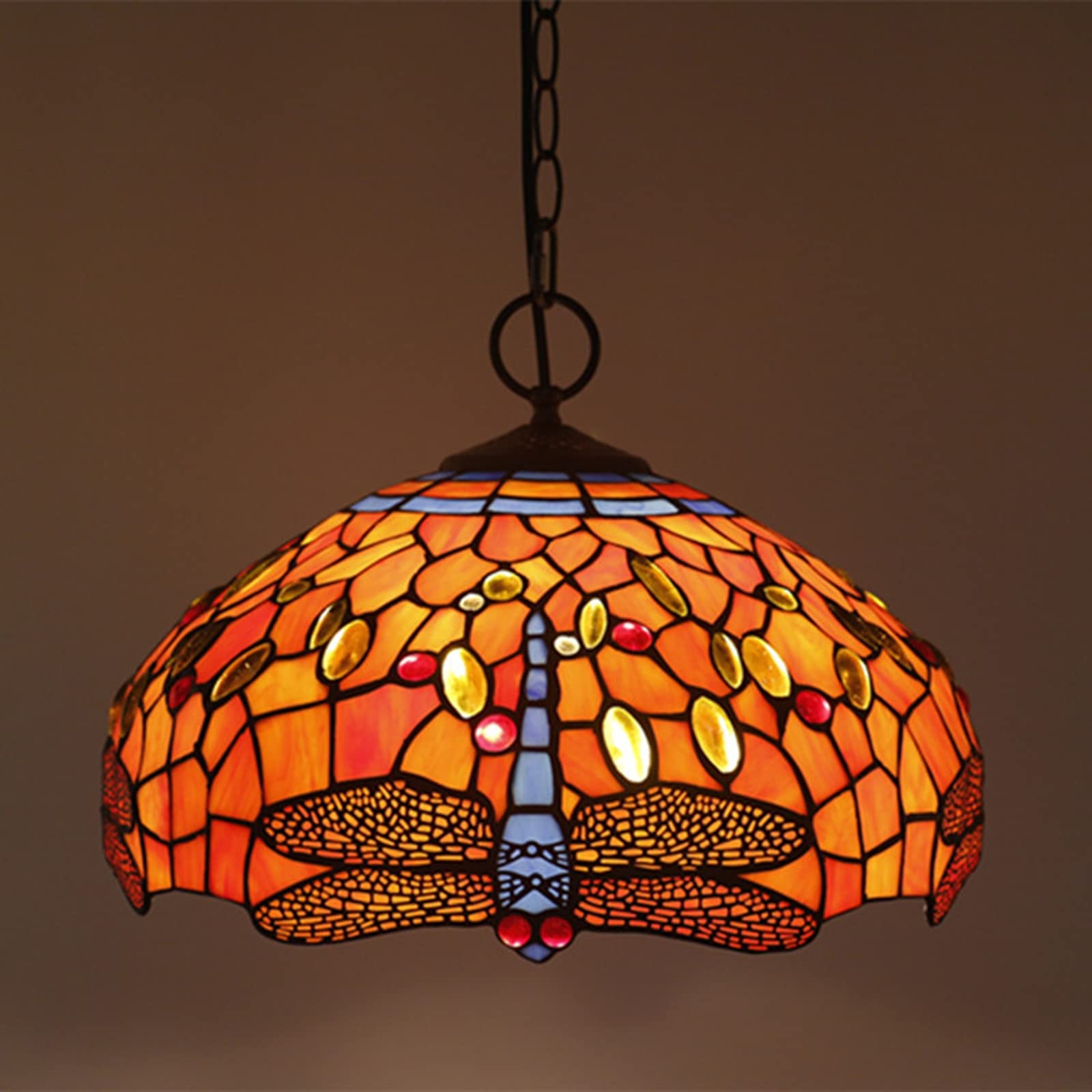 YNIYUJKL Tiffany-Style Dragonfly Chandeliers,16 Inch Vintage Stained Glass Pendant Light, Adjustable E27 Ceiling Light For Living Room Bedroom Dining Room,H