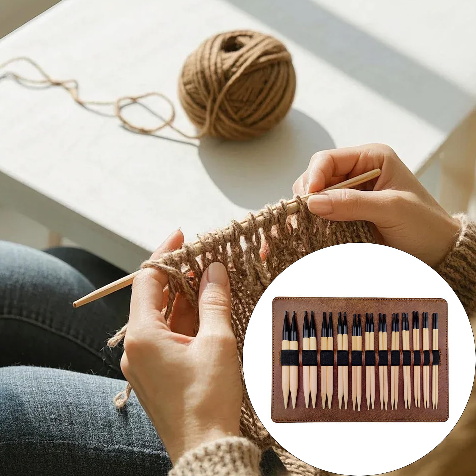 12 Pares de Agujas de Tejer de Madera, Juego de Agujas de Tejer Circulares Intercambiables de 3, 5-10mm con Bolsa de Almacenamiento para suéteres, Bufandas, tamaño