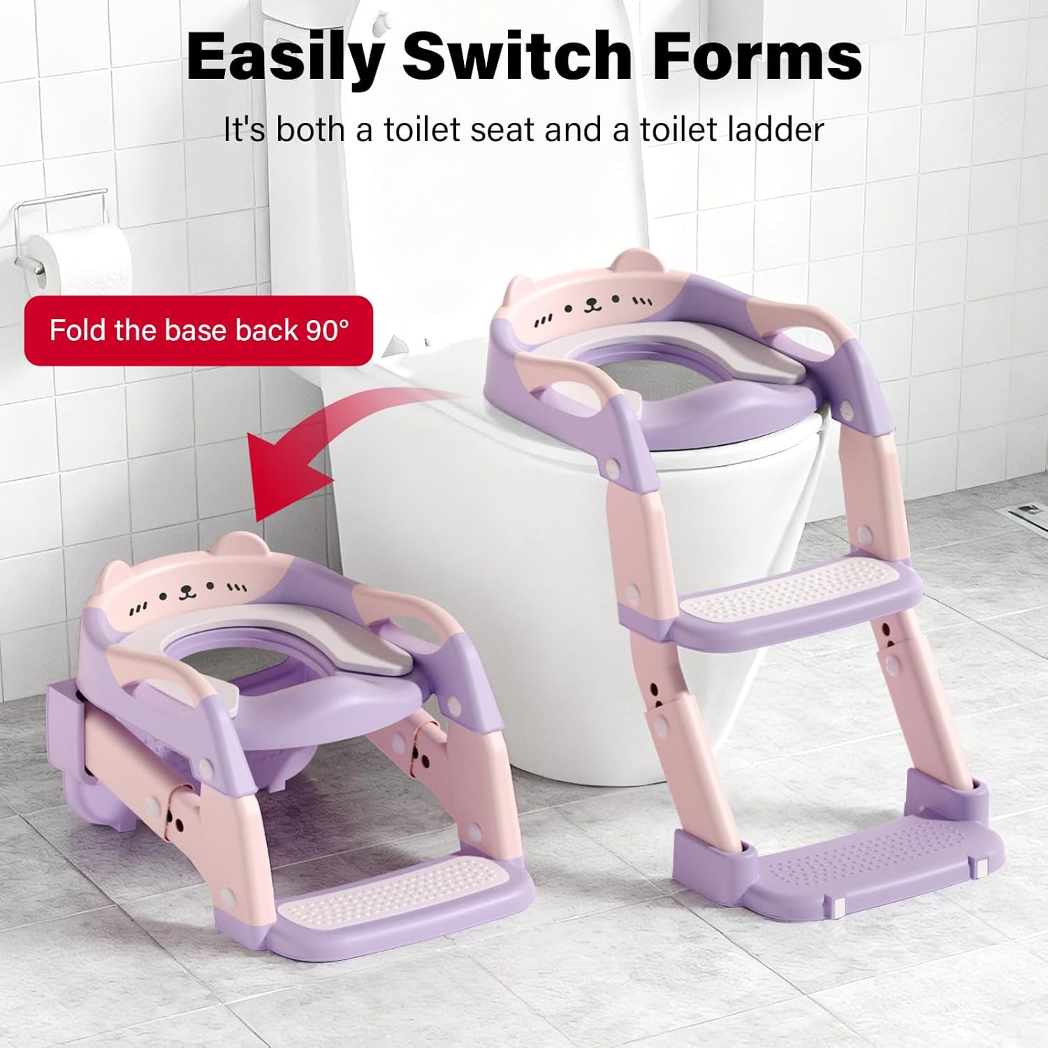 Potty Training Seat with Step Stool Ladder for Toddler, 3-IN-1 Convertible Potty Toilet, Upgrade Training Ladder for Boys & Girls, Includes Removable Urinal & Soft Cushion - Purple