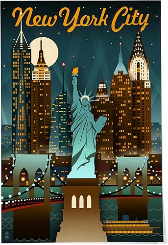 New York, Retro Skyline 47669 (24 x 36 pulgadas, póster de viaje para decoración de pared)