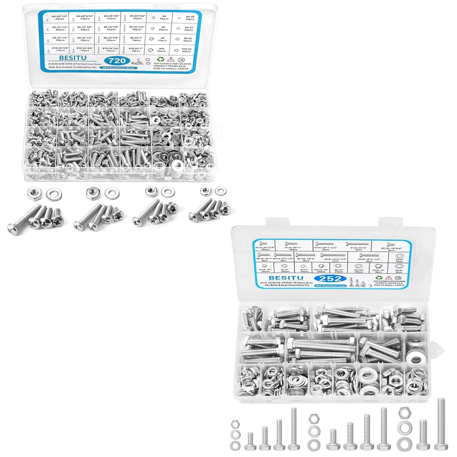 Besitu 252Pcs Hex Bolts and Nuts Assortment Kit and 720Pcs Machine Screw Assortment Kit