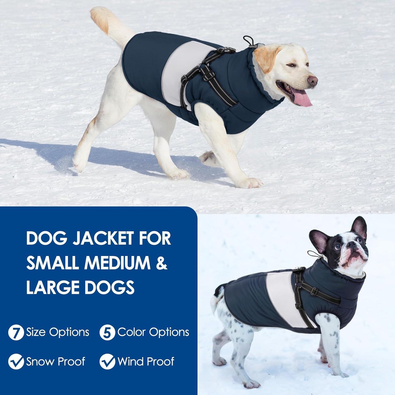KOESON Dog Coat, Warm Dog Winter Jacket with Harness Built-in for Easy Walk, Fleece Lined Cold Weather Coat for Medium Dogs, Waterproof Puffer Jacket for French Bulldog, Corgi, Beagle, Navy Blue M