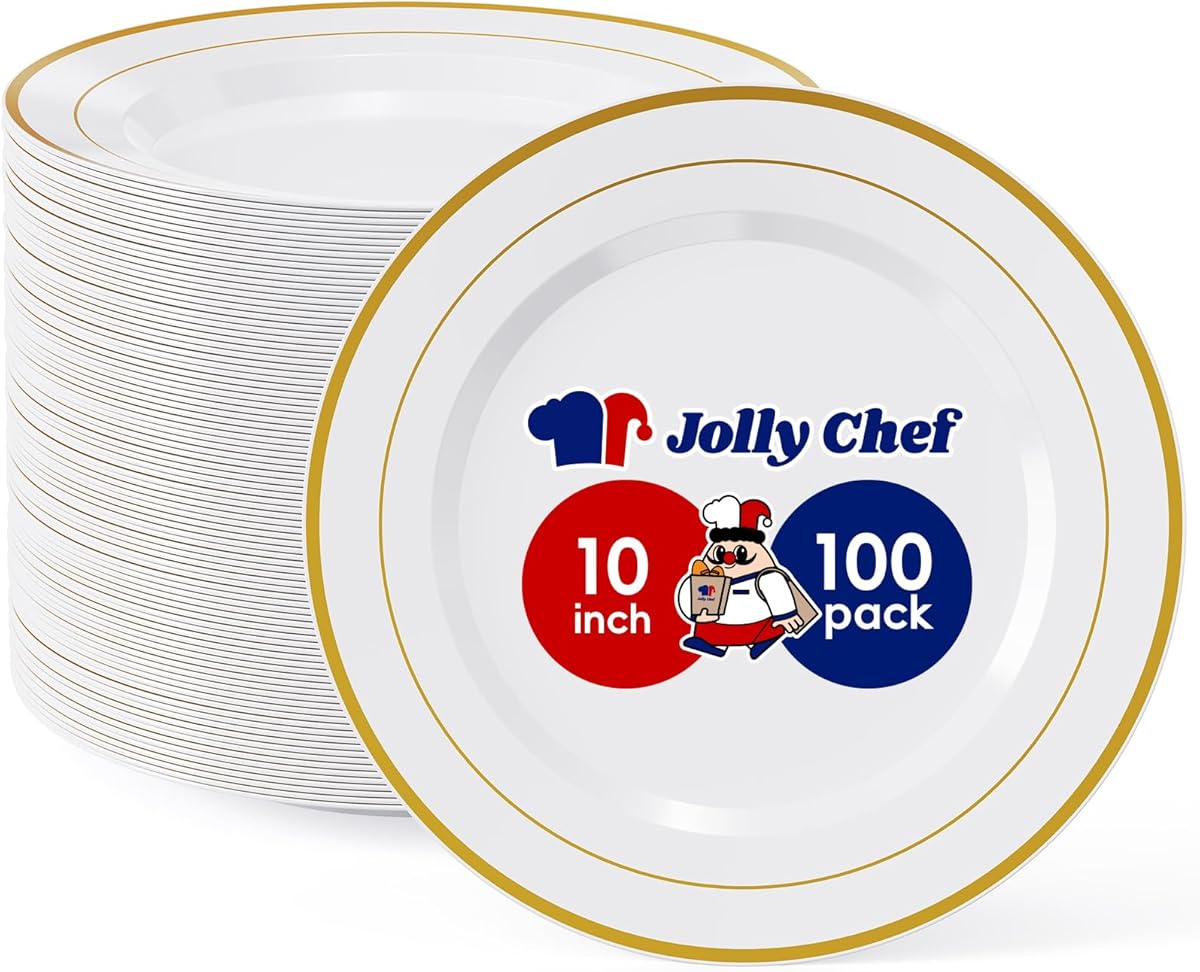 JOLLY CHEF 100 Pieces Gold Plastic Plates, 10 Inch Elegant Disposable Dinner White with Gold Rim, Disposable Plastic Plates for Christmas, Birthdays and Weddings