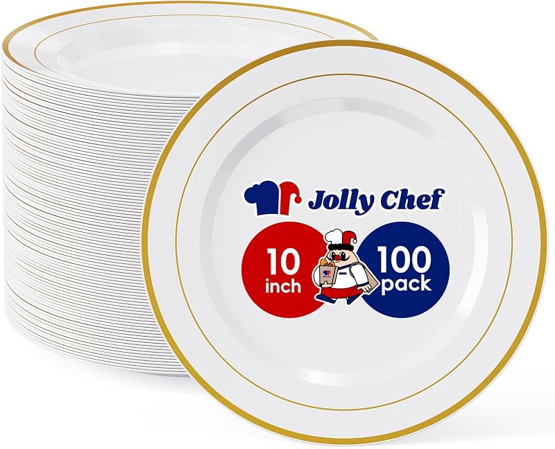 100 Pieces Gold Plastic Plates, 10 Inch Elegant Disposable Dinner White with Gold Rim, Disposable Plastic Plates for Christmas, Birthdays and Weddings