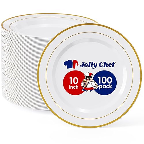 JOLLY CHEF 100 Pieces Gold Plastic Plates, 10 Inch Elegant