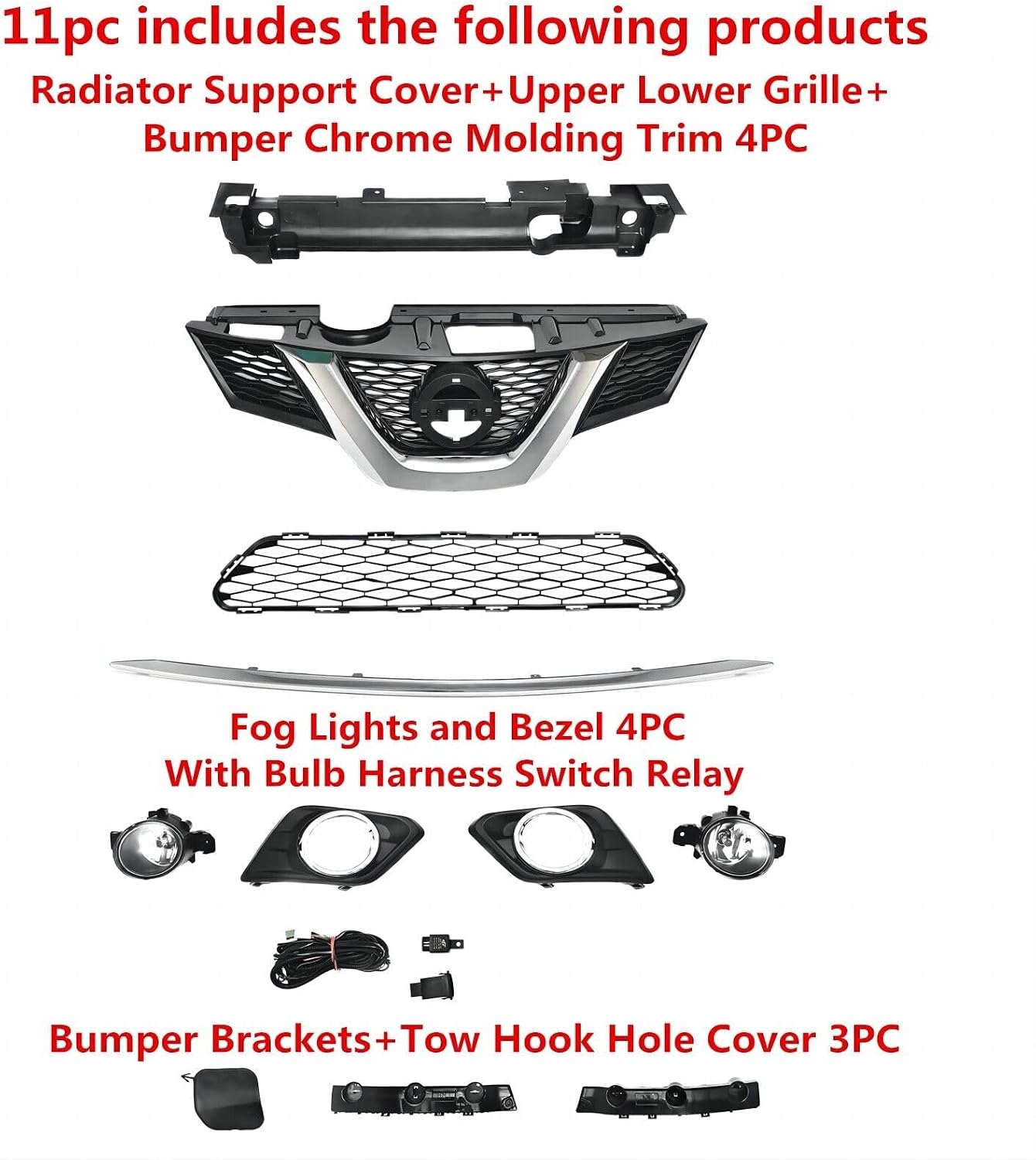 Upper Grille, Lower Mesh, Chrome Molding & Fog Light 11PC Set Fit for N1SSAN Rogue 2014-2016 Grille Fog lights Bracket Kit