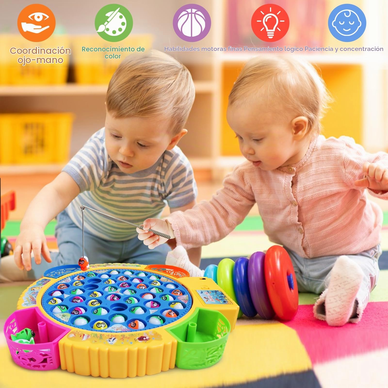 Juguete de Pesca Eléctrico, Juego Musical y Giratorio con 45 Peces y 4 Tiras de Caña, Juego de Pesca Magnético Juego de Mesa, Juegos Educativos Regalos para Niños/Niñas de 2 3 4 5 6 Años | Juego de Pesca Magnético Juego de Mesa, Juego Musical y Giratorio,