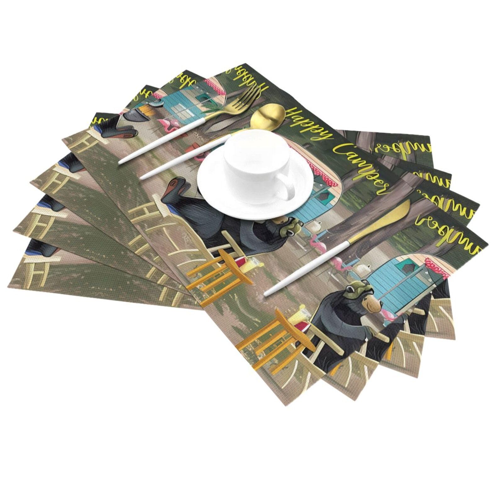 Juego de 6 manteles individuales tejidos con estampado Happy Camper, adecuado para decoración de restaurantes y cocina.