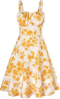 Women's Vintage Sleeveless Solid Floral Ruched Summer Cute A-Line Flowy Swing Midi Dress
