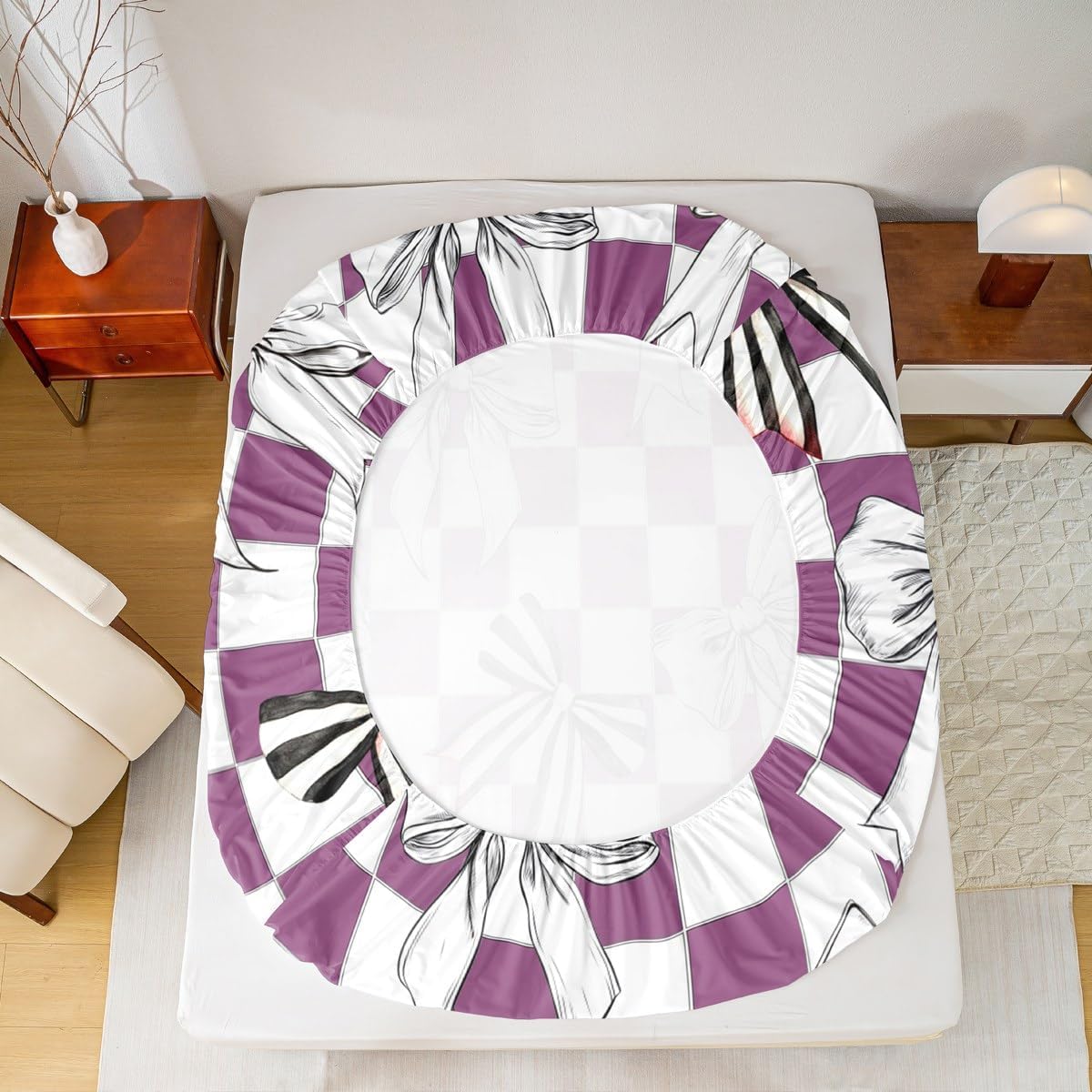 Erosebridal Stripes Bow Queen Fitted Sheet,Purple White Checkered Bedding Set Cute Plaid Bowknot Bed Sheets for Kids Girls Teen Adults,Modern Fashion Bed Cover Bedroom Decor
