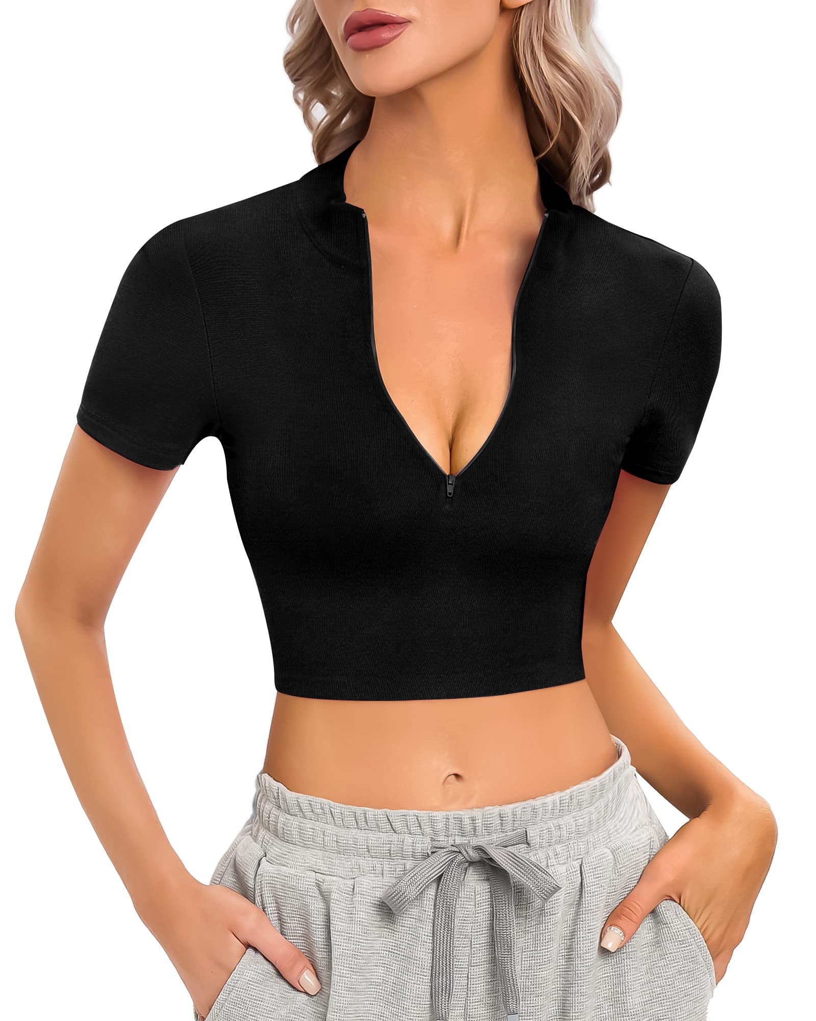 CLOZOZ Short Sleeve Crop Tops for Women V Neck Tops Sexy Tops Zip Up Crop Top Mock Turtleneck Tops Fitted Cropped Shirts