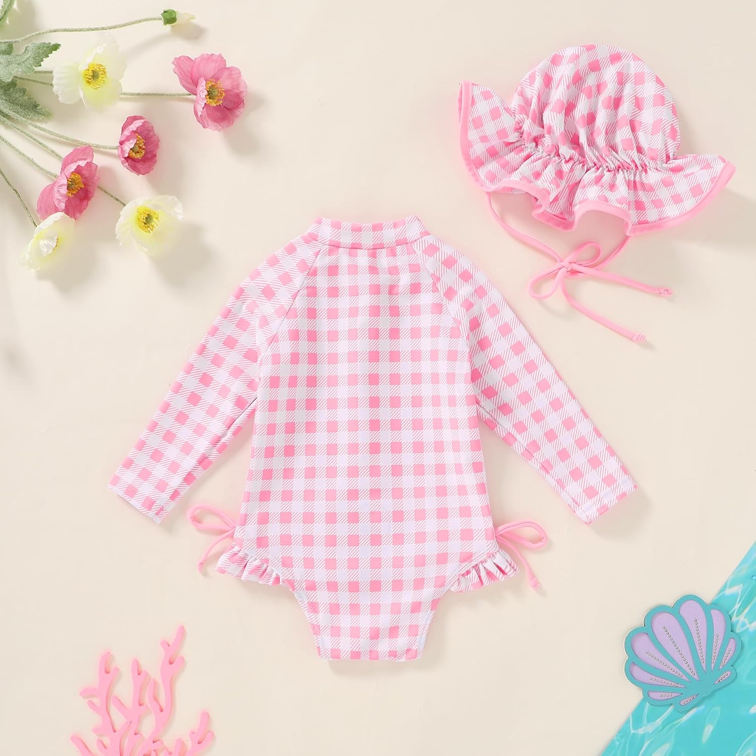 Happy Town Baby Girls Swimsuit Long Sleeves Zipper Ruffled Bathing Suit Infant Girl Beach Essentials