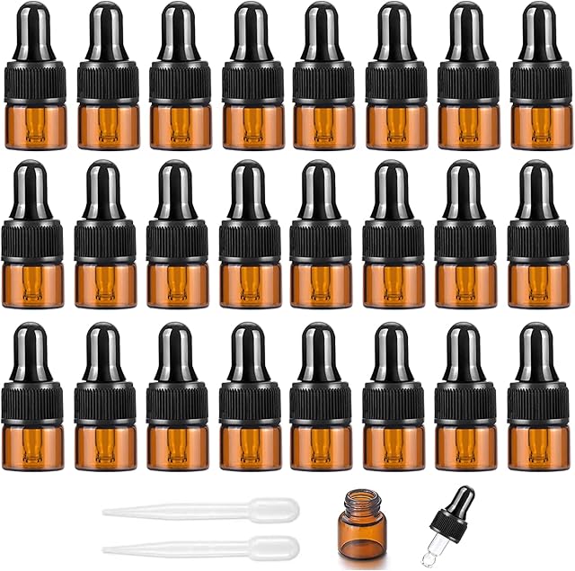 24Pcs, 1Ml Amber Glass Sample Dropper Bottles, Alledomain Empty Mini Bottles with Dropper Pipettes Black Plastic Cap Refillable Small Sample Vials Container for Essential Oils Perfume Cosmetic Liquid