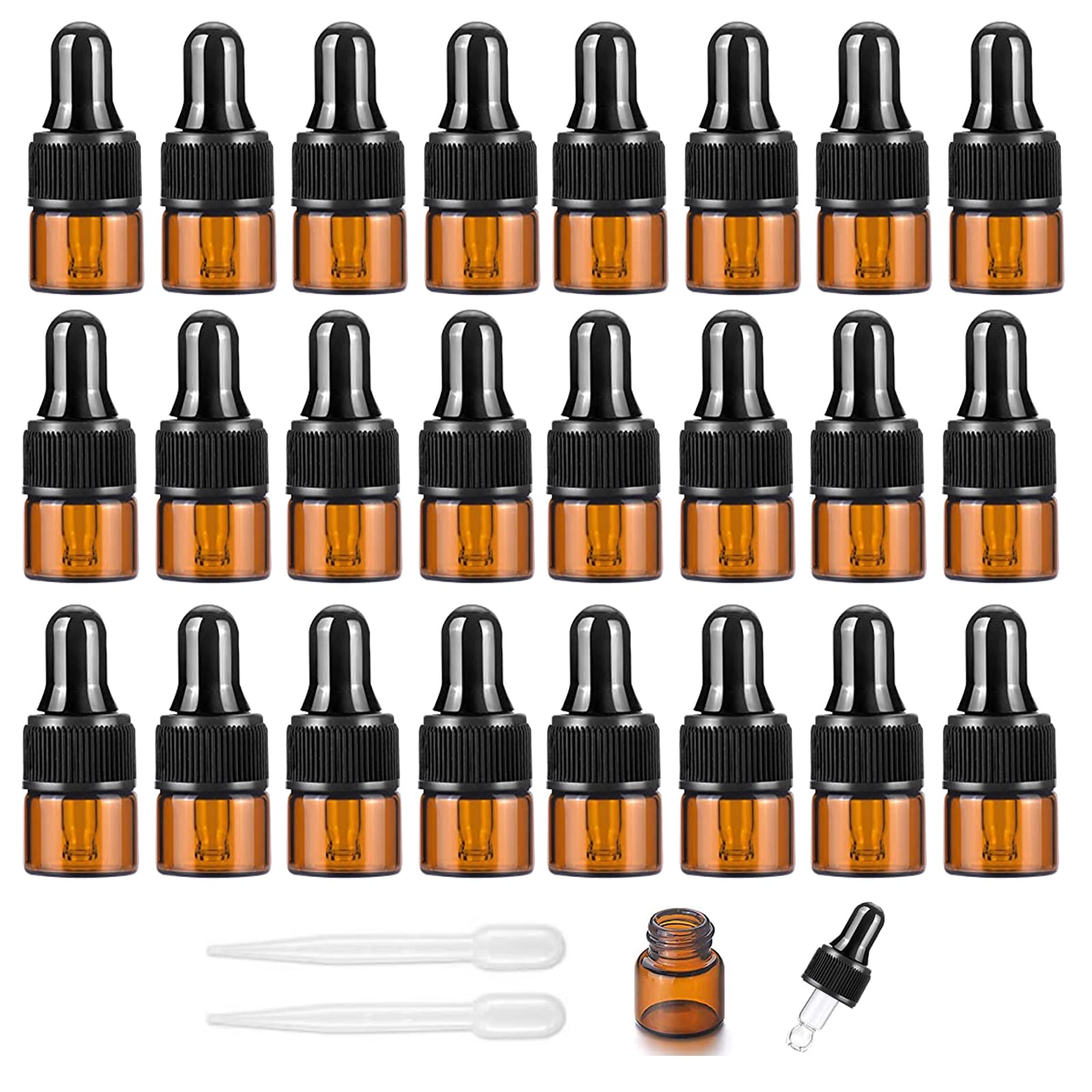 Alledomain 1Ml 24Pcs, Amber Glass Sample Dropper Bottles, Empty Mini Bottles With Dropper Pipettes Plastic Cap Refillable Small Sample Vials Container For Essential Oils Perfume Cosmetic Liquid