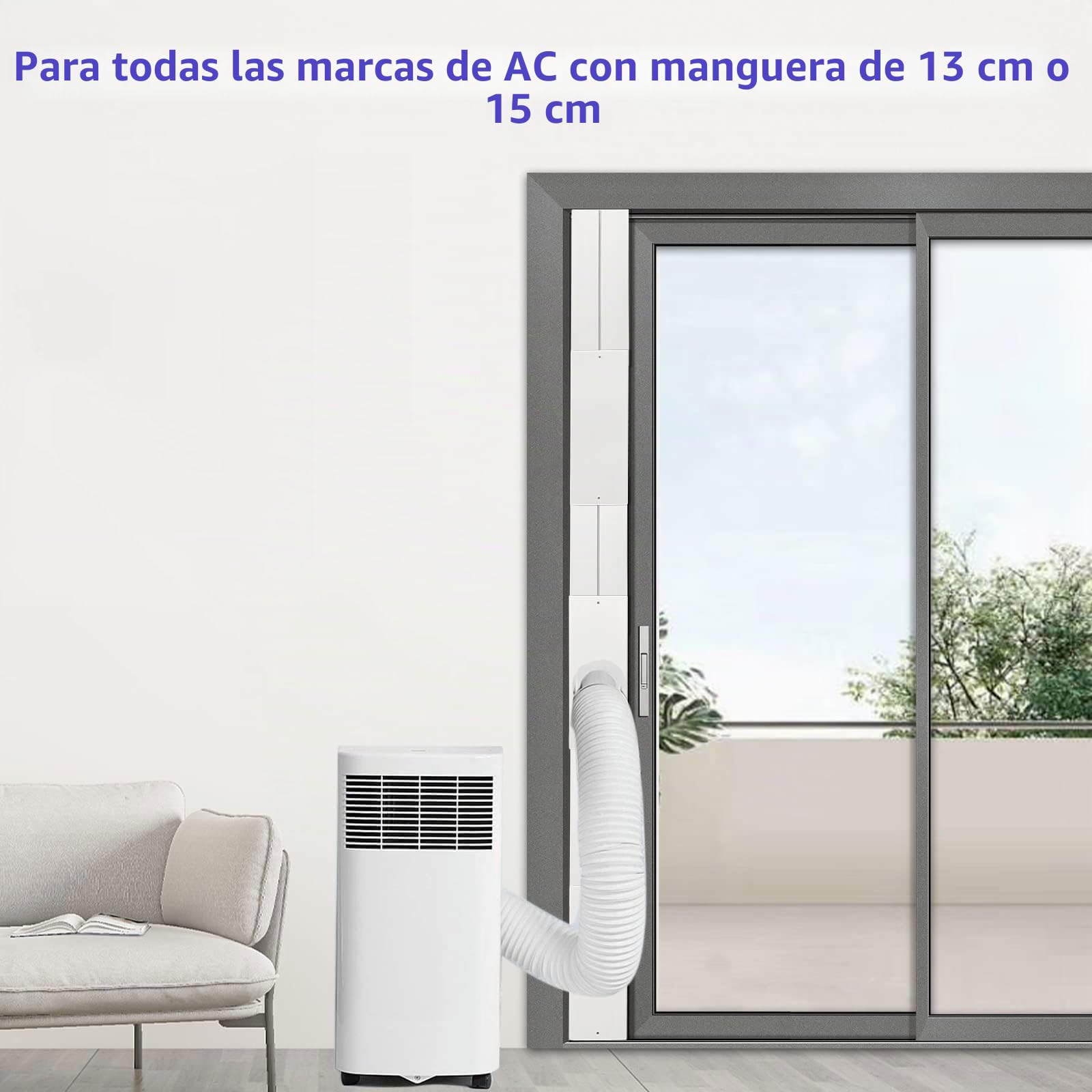 Kit de sellado de ventanas y puertas deslizantes para manguera de aire acondicionado portátil, paneles, PVC ajustable a hasta 152 cm, rosca universal de 13 y 15 cm de diámetro