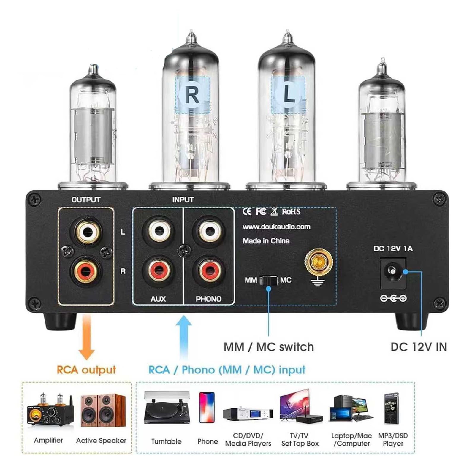 COYEUX Preamplificatore Fono, Preamplificatore per Lettore/Giradischi, con Controllo del Guadagno E Manopola del Volume, Registrazione MM, Stereo L/R/RCA/3,5 Mm, per Sistema Audio Stereo Domestico