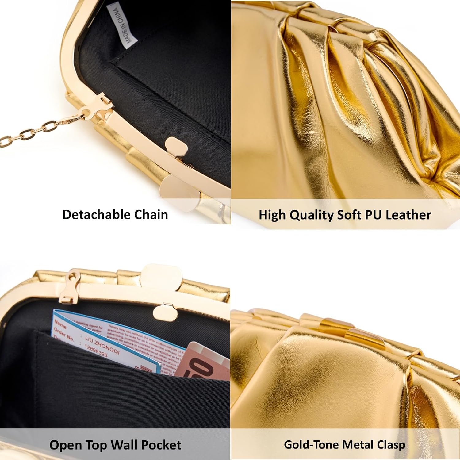 DETARA Elegant Pleated Vegan Leather Clutch Purse for Women Soft PU Wedding Evening Bag with Detachable Chain for Prom Party