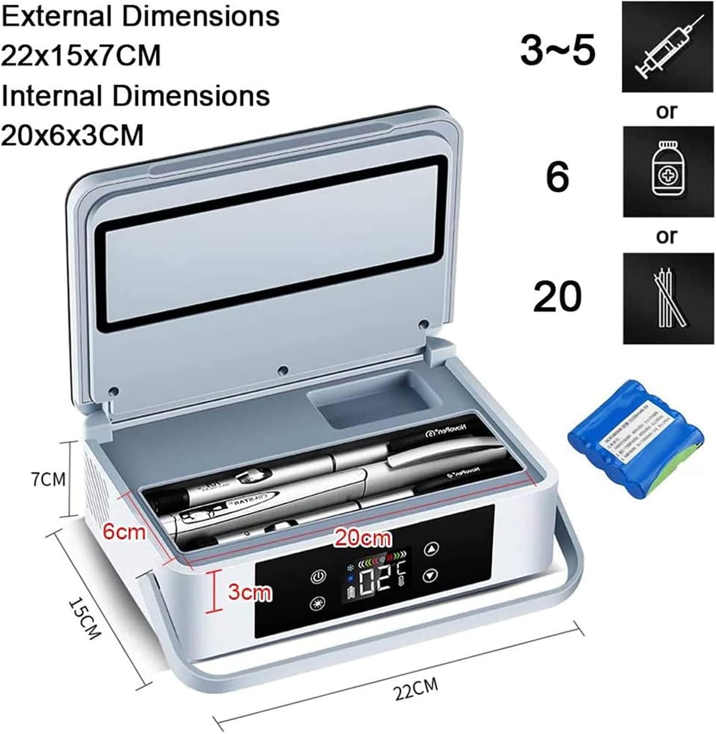 Portable Insulin Cooler Refrigerated Box LED Display Medicine Refrigerator Drug Reefer 2-8°C for Travel Car Medicine Refrigerator,Grey,2 Battery
