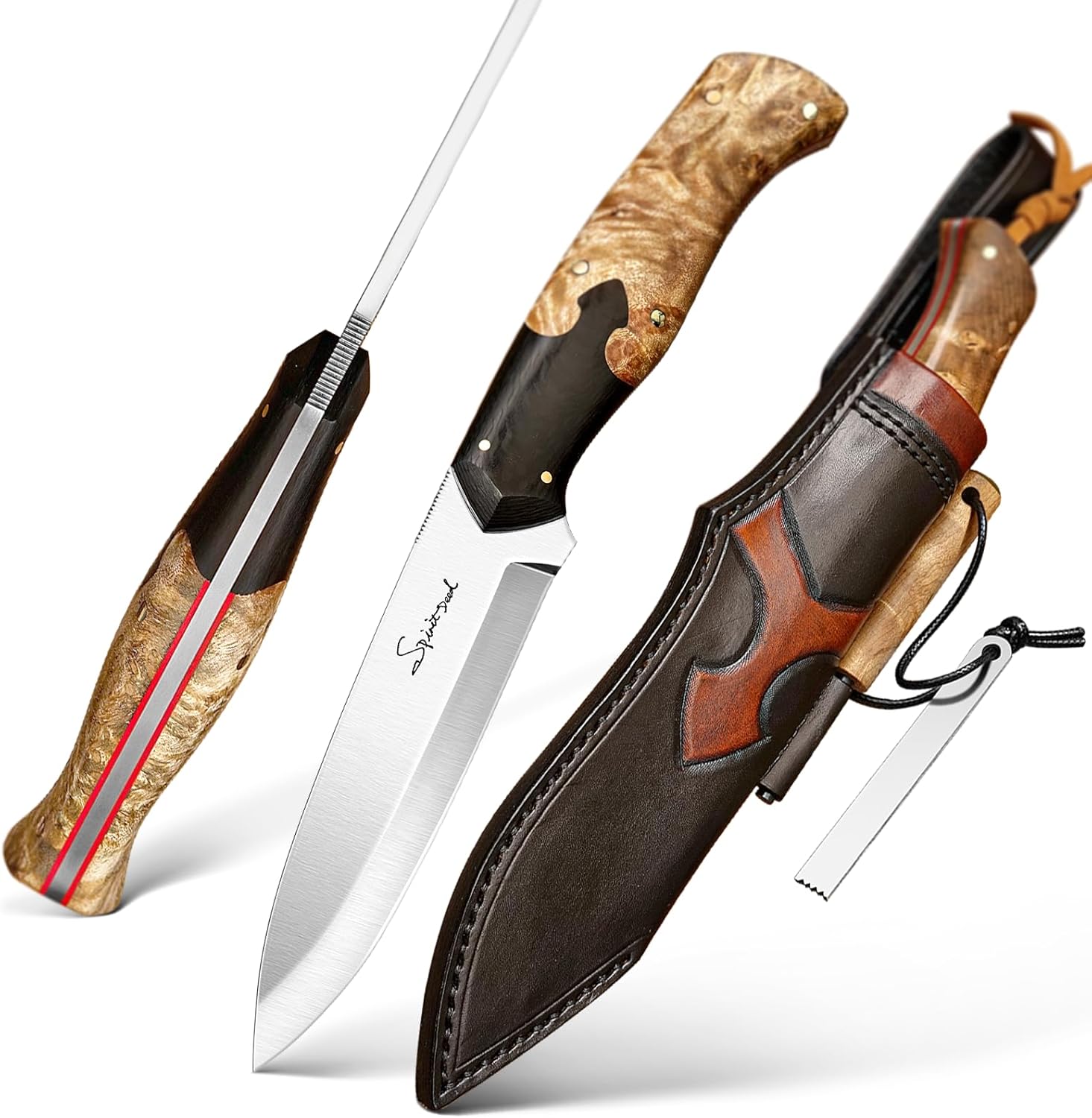 hand forged outdoor camping hunting knife with leather sheath and flint, Sandvik 14C28N steel blade, ergonomic white shadow wood handle