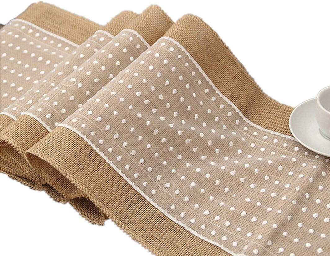 OBELLA® Hessian Table Runner - Rustic Burlap Lace Table Runner Natural Jute For Wedding Festival Event Table Decoration Lace Both Side 12x108 (3 pcs, White Dots)