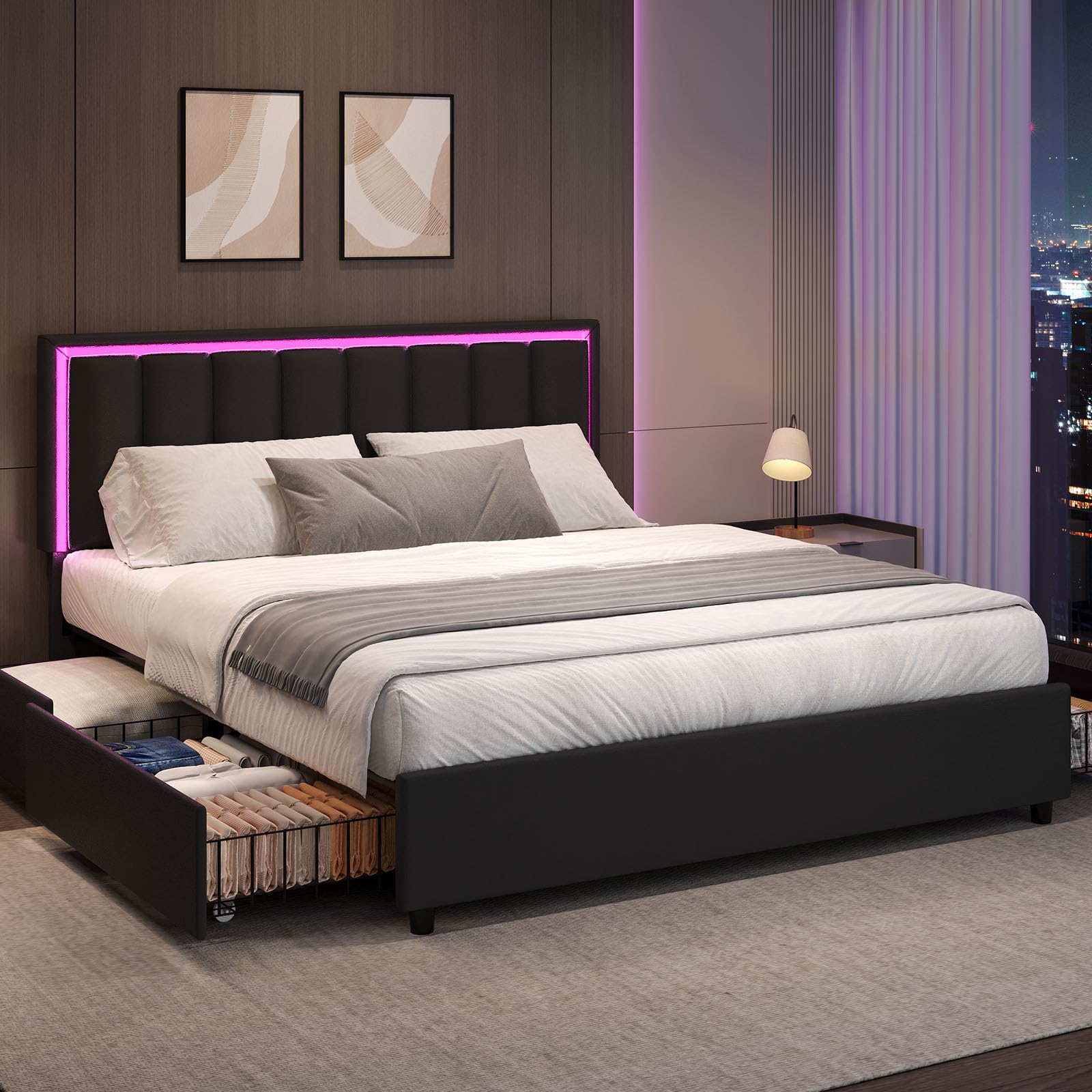 IMMERSTABLE Full Bed Frame with 4 Drawers, Full Size Bed Frame with LED Lights, Upholstered Bed Frame Full Size with Headboard, No Box Spring Needed,